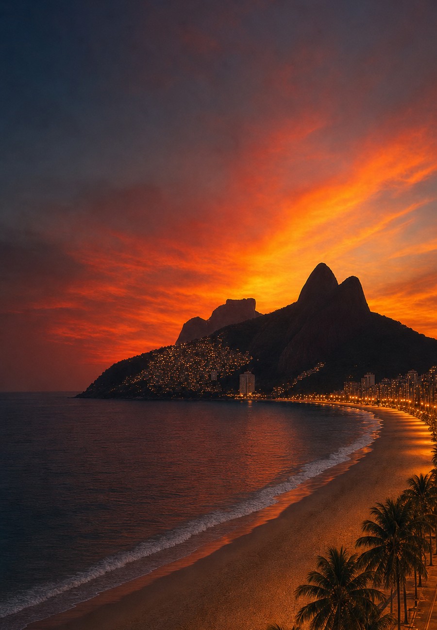 Ipanema and Leblon at sunset, the Two Brothers peaks behind the lit curve of the promenade
